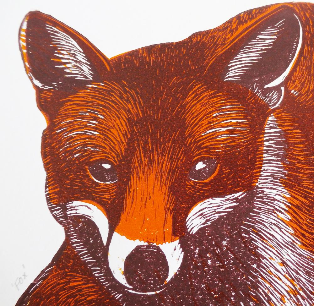 Linocut of a sitting store Fox